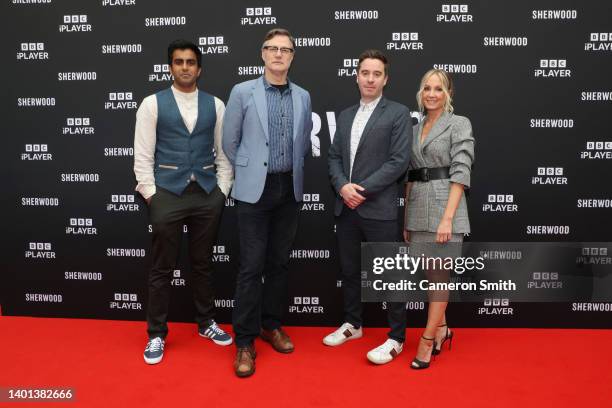 Bally Gill, David Morrissey, James Graham and Joanne Froggatt attend the Sherwood premier at Broadway Cinema on June 06, 2022 in Nottingham, England.