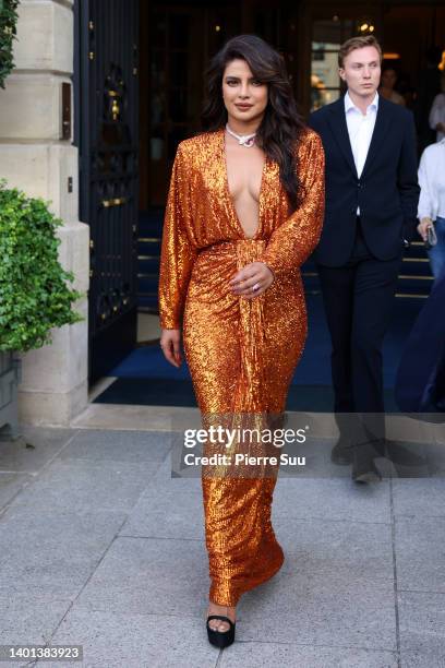 Actress Priyanka Chopra is seen outside the Ritz Hotel on June 06, 2022 in Paris, France.