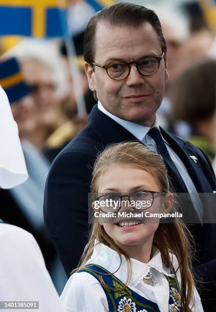 Princess Estelle of Sweden and Prince Daniel of Sweden participate in a ceremony celebrating Sweden's national day at Skansen on June 06, 2022 in...