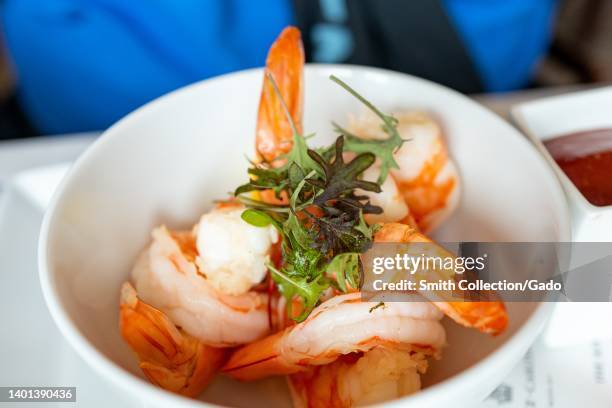 Shrimp cocktail in a bowl at the Conservatory restaurant, Half Moon Bay, California, May 27, 2022.
