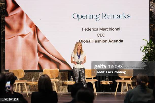 Federica Marchionni, CEO of Global Fashion Agenda speaks during the Press Conference during Day One of the Global Fashion Summit: Copenhagen Edition...