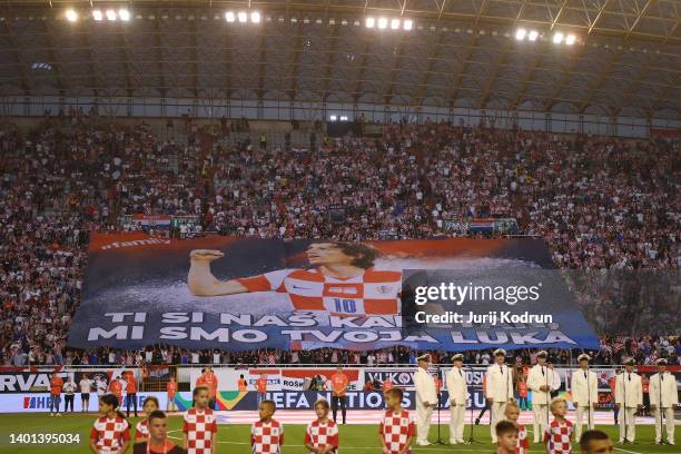 Detailed view of a flag of Luka Modric inside the stadium prior to the UEFA Nations League League A Group 1 match between Croatia and France at...