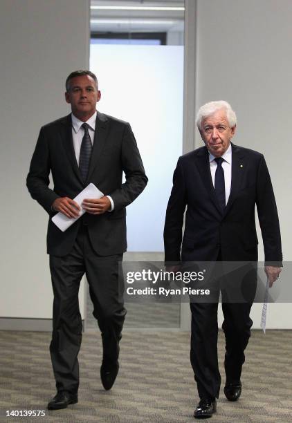 Chairman Frank Lowy and FFA CEO Ben Buckley arrive at an FFA press conference at the Football Federation Australia Offices on February 29, 2012 in...