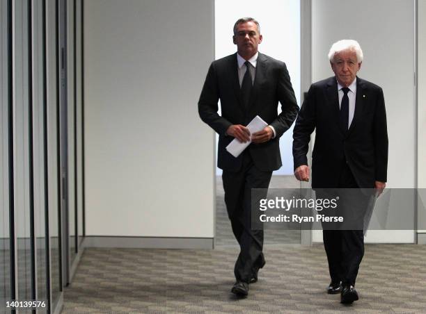 Chairman Frank Lowy and FFA CEO Ben Buckley arrive at an FFA press conference at the Football Federation Australia Offices on February 29, 2012 in...