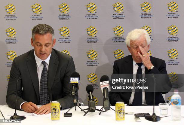 Chairman Frank Lowy and FFA CEO Ben Buckley speak during an FFA press conference at the Football Federation Australia Offices on February 29, 2012 in...