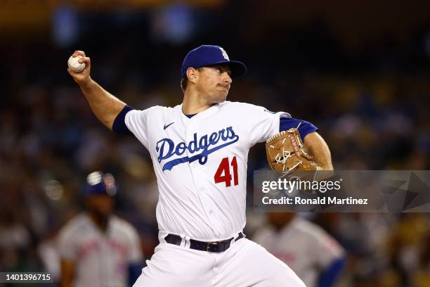 Daniel Hudson of the Los Angeles Dodgers in the eighth inning at Dodger Stadium on June 03, 2022 in Los Angeles, California.