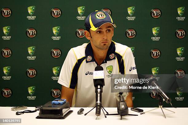 Australian cricketer Nathan Lyon speaks to the media following his inclusion in the ODI squad for the West Indies tour during a press conference at...