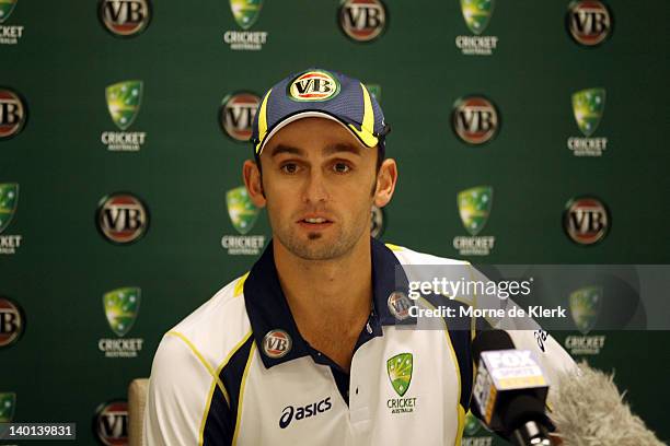 Australian cricketer Nathan Lyon speaks to the media following his inclusion in the ODI squad for the West Indies tour during a press conference at...