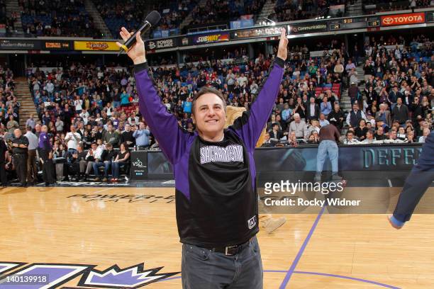 Gavin Maloof, co-owner of the Sacramento Kings, waves to the crowd before a game against the Utah Jazz on February 28, 2012 at Power Balance Pavilion...