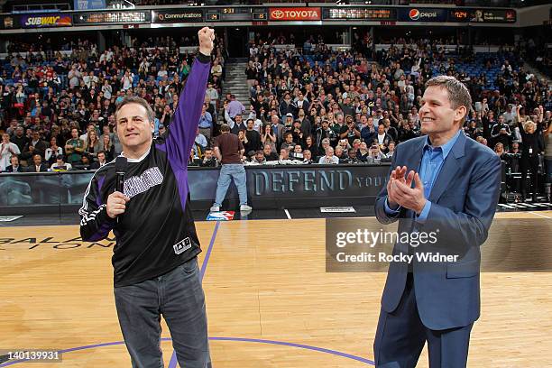 Joe Maloof and Gavin Maloof, owners of the Sacramento Kings, address the crowd before a game against the Utah Jazz on February 28, 2012 at Power...