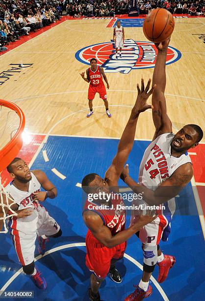 Jason Maxiell of the Detroit Pistons takes a jump shot over Elton Brand of the Philadelphia 76ers during the game on February 28, 2012 at The Palace...