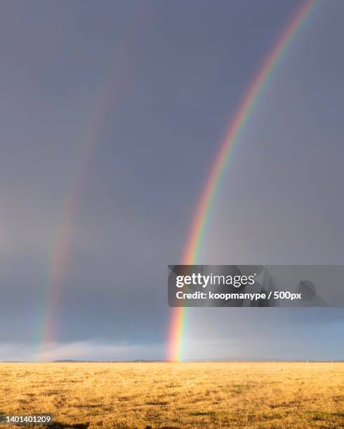 scenic view of rainbow over field against sky,iceland - arco iris doble fotografías e imágenes de stock