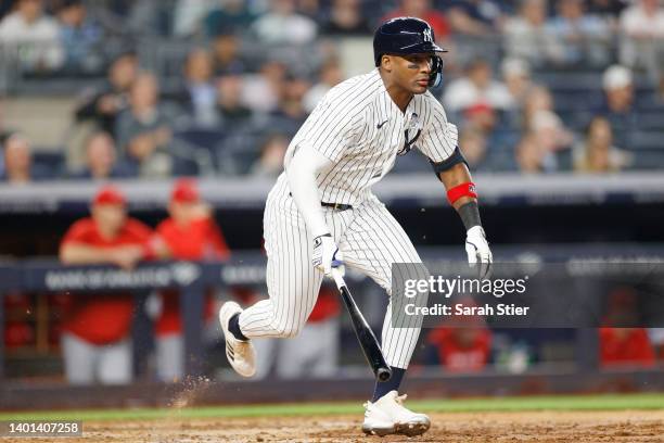 Miguel Andujar of the New York Yankees jogs to first during the f inning of Game Two of a doubleheader against the Los Angeles Angels at Yankee...