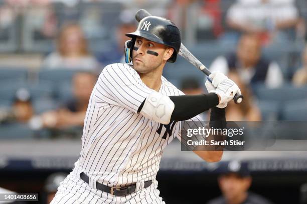 Joey Gallo of the New York Yankees at bat during the first inning of Game Two of a doubleheader against the Los Angeles Angels at Yankee Stadium on...
