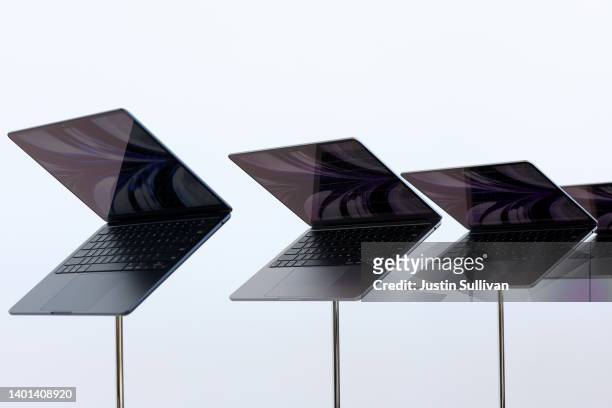 Newly redesigned MacBook Air laptops are seen displayed during the WWDC22 at Apple Park on June 06, 2022 in Cupertino, California. Apple CEO Tim Cook...