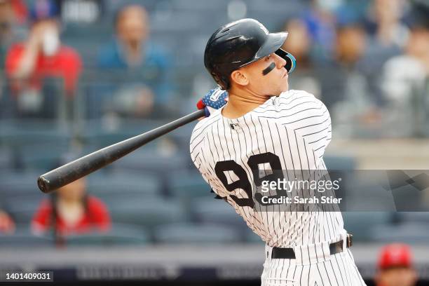 Aaron Judge of the New York Yankees at bat during the first inning of Game Two of a doubleheader against the Los Angeles Angels at Yankee Stadium on...
