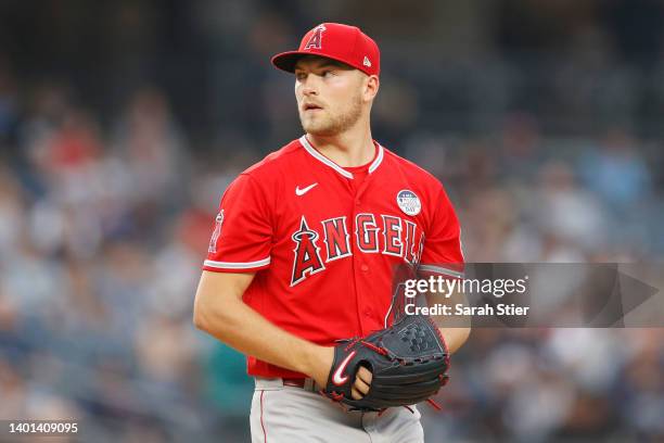 Reid Detmers of the Los Angeles Angels pitches during the first inning of Game Two of a doubleheader against the New York Yankees at Yankee Stadium...