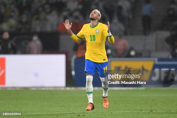 Neymar Jr of Brazil celebrates the first goal during the international friendly match between Japan and Brazil at National Stadium on June 06, 2022...