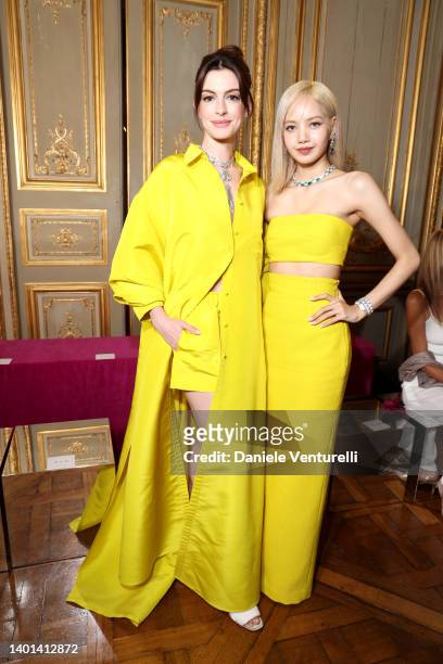Anne Hathaway and Lisa aka Lalisa Manoban attend the BVLGARI EDEN THE GARDEN OF WONDERS on June 06, 2022 in Paris, France.