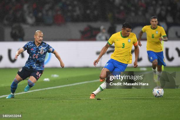 Thiago Silva of Brazil in action during the international friendly match between Japan and Brazil at National Stadium on June 06, 2022 in Tokyo,...