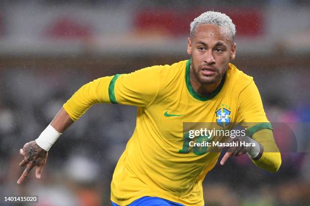 Neymar Jr of Brazil looks on during the international friendly match between Japan and Brazil at National Stadium on June 06, 2022 in Tokyo, Japan.