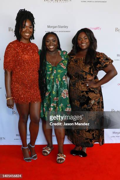 Amber Iman, Jocelyn Bioh and Danielle Brooks attend the 2022 Black Women on Broadway awards celebration at Empire Hotel Rooftop on June 06, 2022 in...