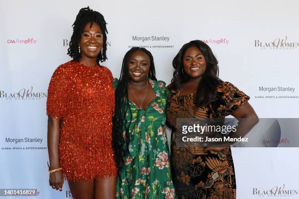 Amber Iman, Jocelyn Bioh and Danielle Brooks attend the 2022 Black Women on Broadway awards celebration at Empire Hotel Rooftop on June 06, 2022 in...