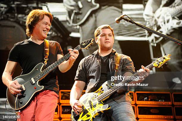 Eddie Van Halen and Wolfgang Van Halen of Van Halen perform during "A Different Kind of Truth" tour at Madison Square Garden on February 28, 2012 in...