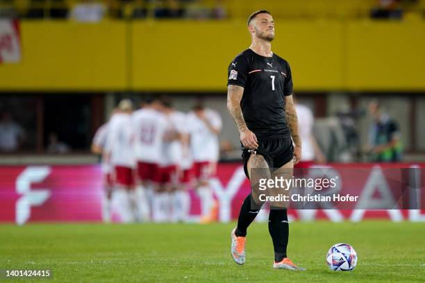 Marko Arnautovic of Austria looks dejected after Jens Stryger of Denmark scores their sides second goal during the UEFA Nations League League A Group...