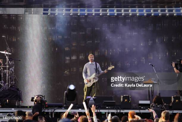 Guitarist Calum Hood of 5 Seconds of Summer performs at the iHeartRadio Wango Tango concert at Dignity Health Sports Park on June 04, 2022 in Carson,...