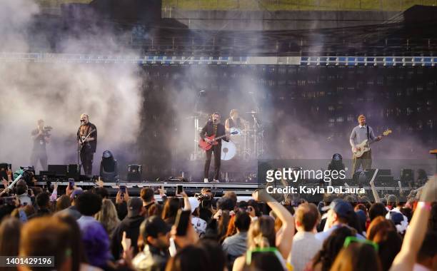 Michael Clifford, Luke Hemmings, Ashton Irwin, and Calum Hood of 5 Seconds of Summer performs at the iHeartRadio Wango Tango concert at Dignity...