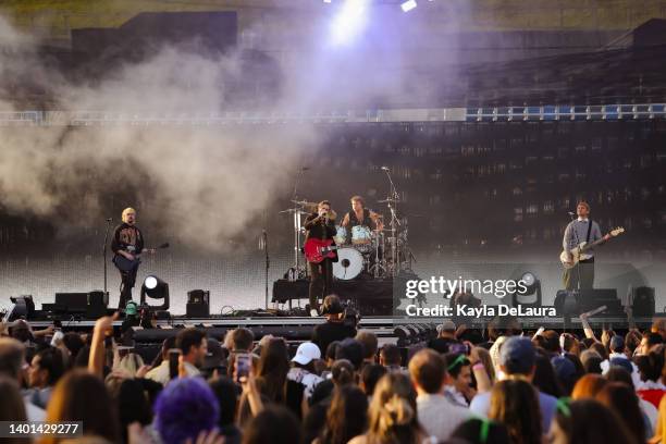 Michael Clifford, Luke Hemmings, Ashton Irwin, and Calum Hood of 5 Seconds of Summer performs at the iHeartRadio Wango Tango concert at Dignity...