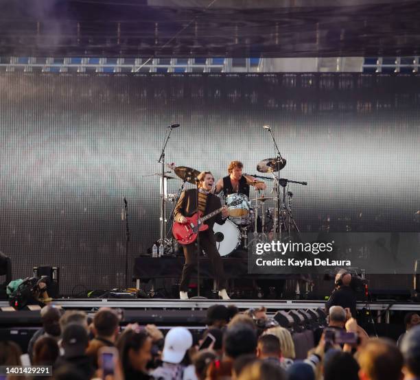 Singer Luke Hemmings and drummer Ashton Irwin of 5 Seconds of Summer performs at the iHeartRadio Wango Tango concert at Dignity Health Sports Park on...