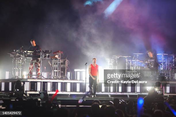 Alex Pall, Drew Taggart, and Matt McGuire of The Chainsmokers performs at the iHeartRadio Wango Tango event at Dignity Health Sports Park on June 04,...