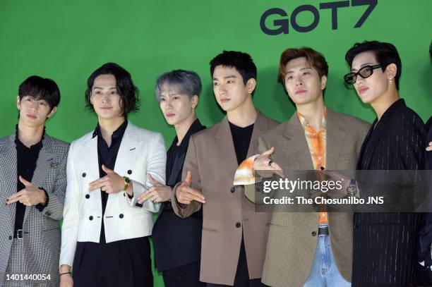 Mark, Jay B, Jackson, Jinyoung, Youngjae, BamBam of GOT7 attend a press conference for GOT7's New Mini Album 'GOT7' at VOCO Hotel Seoul on May 23,...