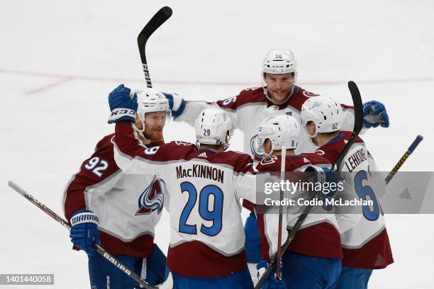 Cale Makar of the Colorado Avalanche celebrates his goal with teammates during the first period in Game Four of the Western Conference Final of the...