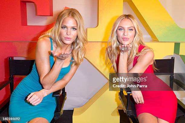 Erin Heatherton and Candice Swanepoel attend the first day of the Very Sexy Tour at Victoria's Secret in Aventura Mall on February 28, 2012 in Miami...