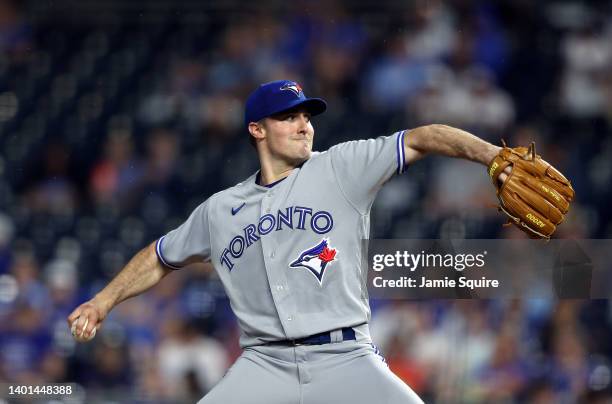 Starting pitcher Ross Stripling of the Toronto Blue Jays pitches during the 1st inning of the game against the Kansas City Royalsat Kauffman Stadium...