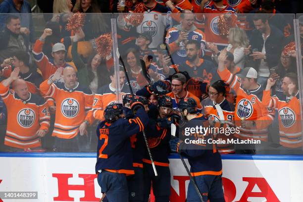 Ryan Nugent-Hopkins of the Edmonton Oilers celebrates his goal with teammates during the second period in Game Four of the Western Conference Final...