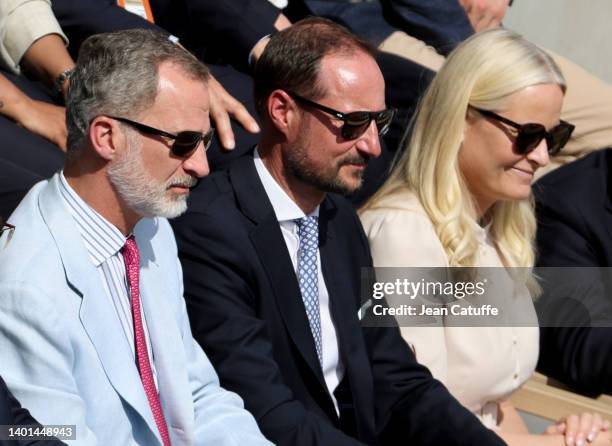 King Felipe VI of Spain, Haakon, Crown Prince of Norway, Mette-Marit, Crown Princess of Norway attend the men's final on day 15 of the French Open...