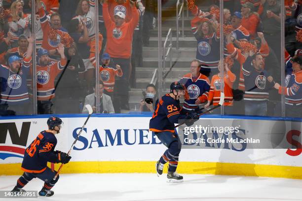 Ryan Nugent-Hopkins of the Edmonton Oilers celebrates after scoring a goal against the Colorado Avalanche during the second period in Game Four of...