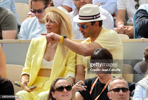 Elodie Gossuin and husband Bertrand Lacherie attend the men's final on day 15 of the French Open 2022 held at Stade Roland Garros on June 5, 2022 in...