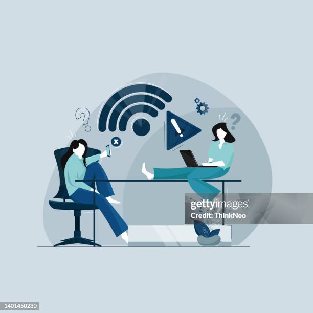 no internet or internet connection problem concept - computer system maintenance stock illustrations