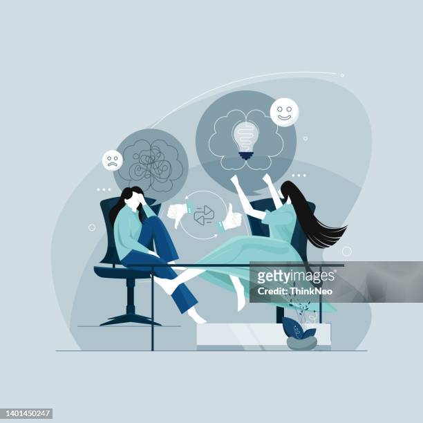 mindfulness and stress management, positive and negative or pessimist and optimist concept - connected mindfulness work stock illustrations