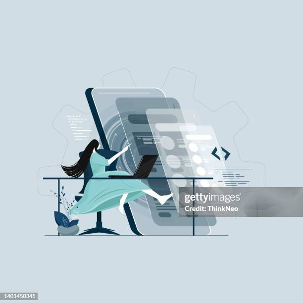 mobile application development, programmer with programming language, developing website - web designer stock illustrations