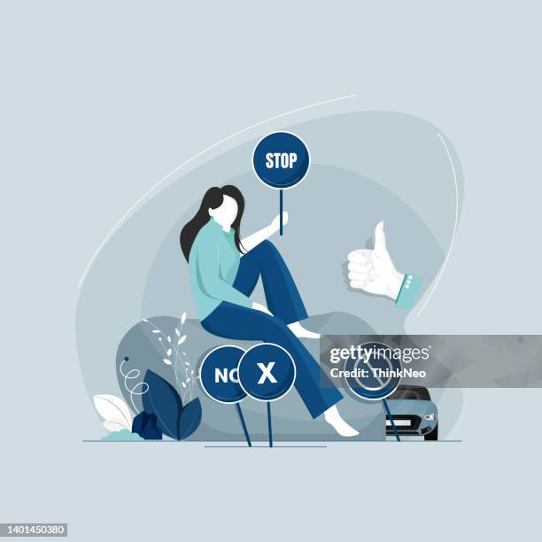 women sitting with prohibited sign - private property stock illustrations