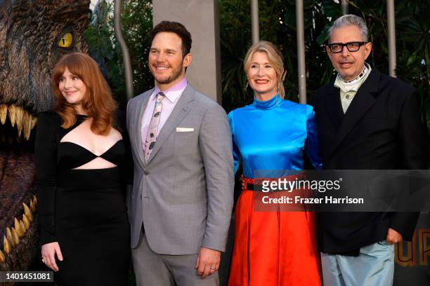 Bryce Dallas Howard, Chris Pratt, Laura Dern, and Jeff Goldblum attend the Los Angeles premiere of Universal Pictures' "Jurassic World Dominion" on...