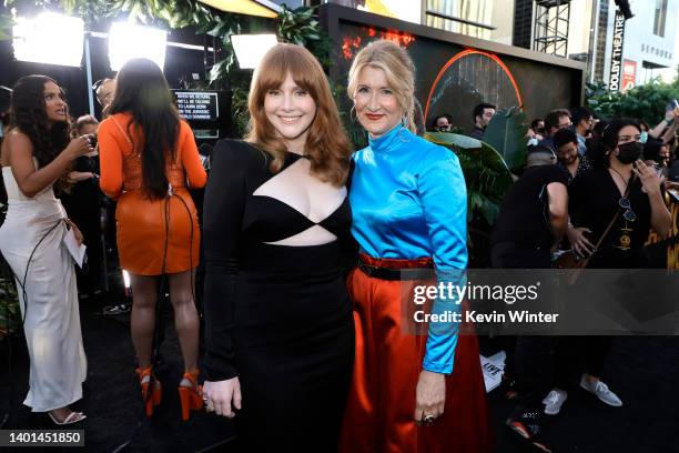 Bryce Dallas Howard and Laura Dern attend the Los Angeles premiere of Universal Pictures' "Jurassic World Dominion" on June 06, 2022 in Hollywood,...