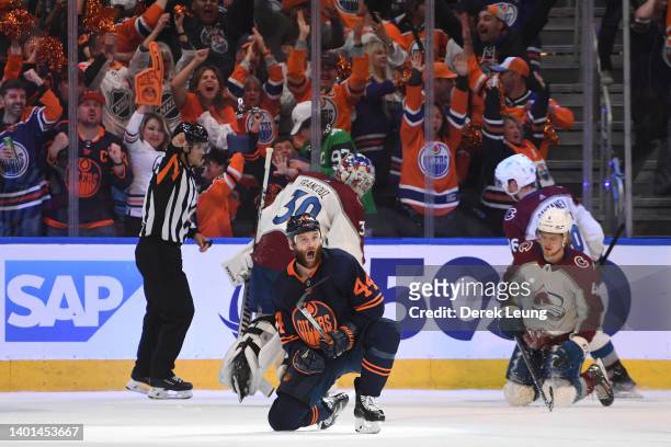 Zack Kassian of the Edmonton Oilers celebrates after scoring a goal against the Colorado Avalanche during the third period in Game Four of the...