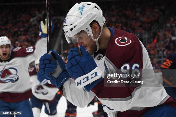 Mikko Rantanen of the Colorado Avalanche celebrates after scoring a goal against the Edmonton Oilers during the third period in Game Four of the...